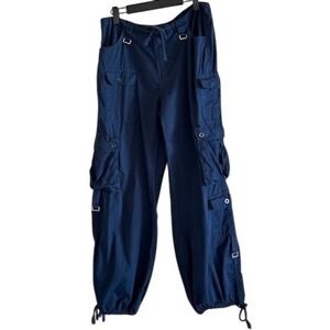 Angel Kiss Womens Navy Blue Cargo Pants Wide Leg Y2K Cinch Hem Size M